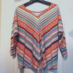 Studio JP Tie In Front-BOHO Top-Bell Sleeves-Aztex Look-Bright Colors-Small